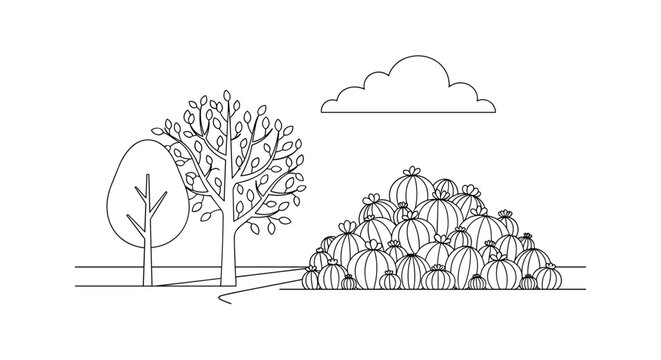 A collection of plump pumpkins piled high next to a leafy tree under a cloudy sky.