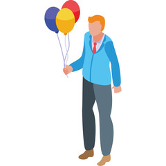 Man Holding Red Blue Yellow Balloons With Tie and Blazer on Transparent Background
