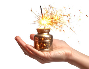 Mano sosteniendo frasco de vidrio con chispas doradas y bengala encendida para concepto creativo