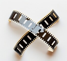 Intertwined film strip on white background. Mockup for cinema, movie industry