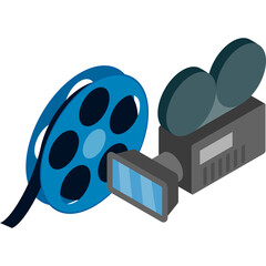 Vintage Movie Camera and Film Reel With Blue Reel and Gray Camera on Transparent Background