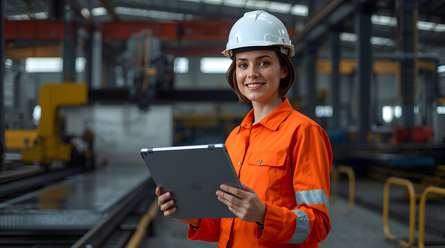 Female engineer in an orange uniform and white hard hat, smiling and holding a tablet in a factory setting - Powered by Adobe
