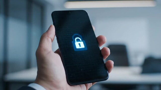 Hand holding a smartphone displaying a glowing padlock icon