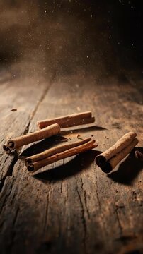 Cinematic slow motion close-up of cinnamon sticks falling onto a rustic wooden surface. Aromatic and warm concept for cooking and seasonal themes.