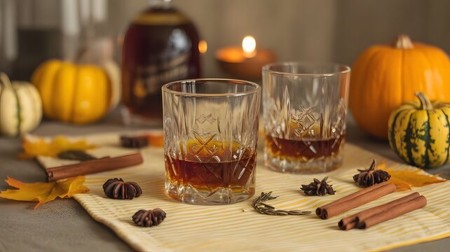 Two crystal glasses filled with amber liquor are displayed amid fall decor, a bottle, and soft candlelight creating a warm, autumnal ambiance at golden hour.