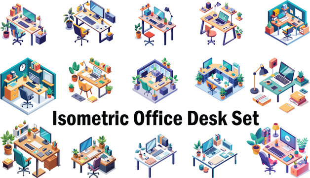 Isometric office desk workspace set vector interior design