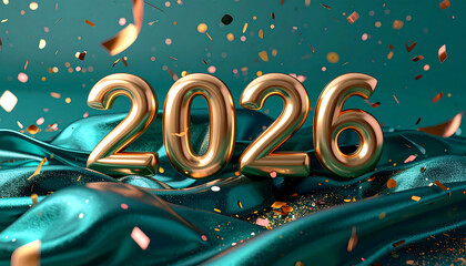 Golden 2026 numerals float above a luxurious teal fabric, adorned with falling confetti and sparkling particles, creating a festive and celebratory atmosphere.