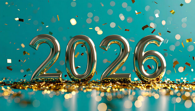 Shiny metallic numbers "2026" rise from a bed of golden confetti and glitter, set against a teal background with bokeh lights.