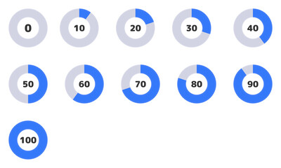 Set of blue Percentage Donut Charts - 0 to 100% Progress Indicators for Infographics and UI Design