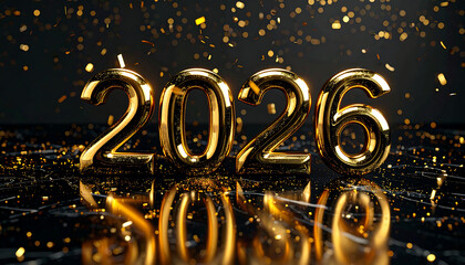 Gleaming golden numerals of the year 2026 are illuminated against a dark, sparkling background, adorned with scattered confetti and reflective surfaces, evok...