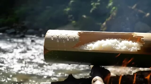 Cooking rice inside a bamboo log with fire in a natural outdoor setting