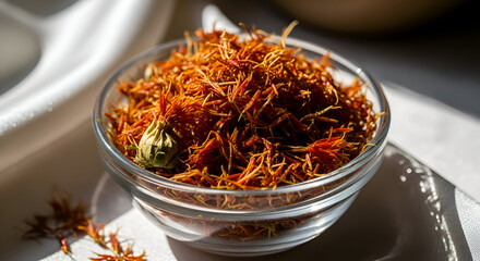 Fototapeta premium A Close-up View of Saffron Threads in a Glass Bowl on a White Tabletop