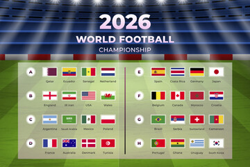 World Football Championship 2026: An illustration showcases the vibrant flags of competing nations, set against a backdrop of a stadium.