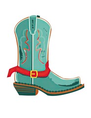 Turquoise cowboy boot icon with red scarf on white background, vector illustration