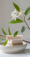 Two off-white soap bars rest on a small, speckled ceramic dish, adorned with a sprig of vibrant green leaves and delicate white blossoms