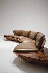 Unique curved sectional sofa with burl wood base against a blank backdrop. Interior