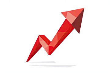 Upward polygonal red arrow on white indicating growth; finance backdrop usage