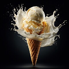 Vanilla ice cream cone splashing liquid, isolated, dark backdrop, marketing