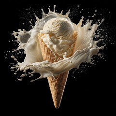 Vanilla ice cream in cone erupts in milk, black backdrop, for a dairy dessert ad