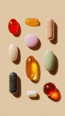 Variety of pills & capsules on flat beige. Health, medicine, food supplement usage