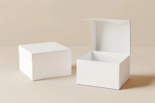 Two white boxes sit, one opened. Perfect for showing product packaging ideas