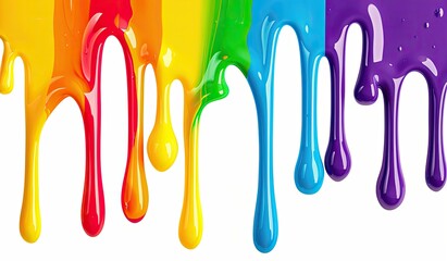 Vibrant rainbow-colored paint drips on a white background, showcasing thick, glossy textures and various stages of dripping