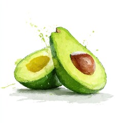 Watercolor Avocado Halves on White for Nutrition. Splash effect. Food Ad Use