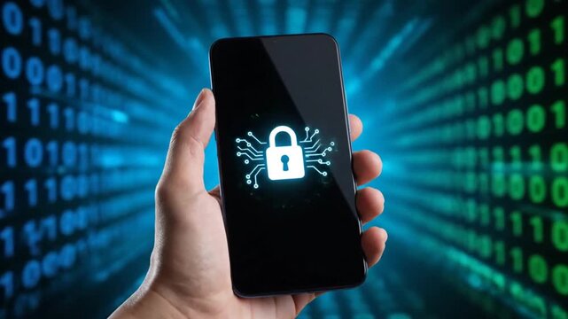 Hand holding phone with glowing padlock icon on binary code background