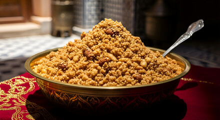 A close up shot of a golden bowl filled with a delicious sweet dessert food item