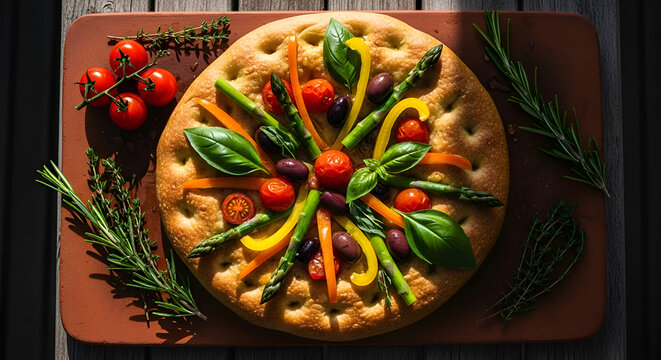 A delicious and colorful focaccia bread with fresh vegetables and herbs, top view