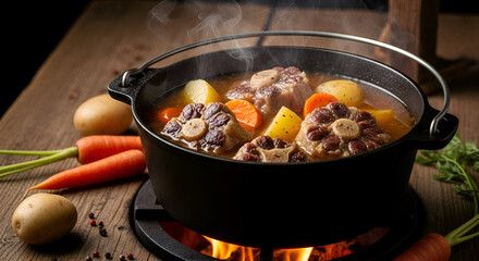 A delicious and warm pot of traditional oxtail soup cooking in a cast iron pot over flames