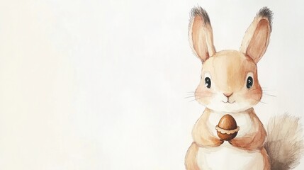 Obraz premium Rabbit holds acorn, neutral background, use for cards and kids d?cor