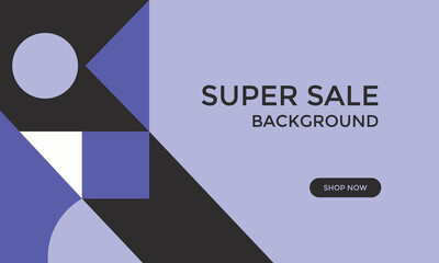 E-commerce banner or sale background featuring a modern, minimal geometric design with circles, squares, and triangles in light purple, royal blue, and black