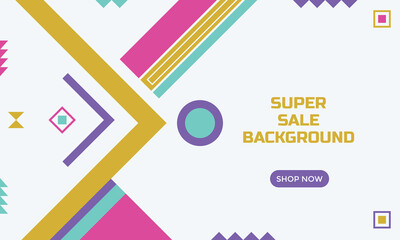 E-commerce Super Sale banner with a retro, Memphis-style geometric design. Features a white background with floating shapes and lines in bright, contrasting colors