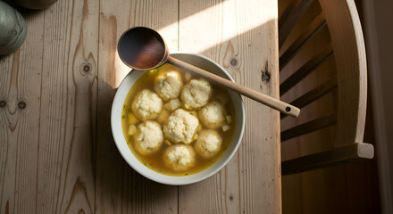 A delicious bowl of matzah ball soup with a wooden spoon on a wooden table, top view