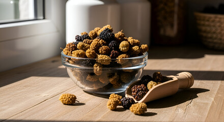 A close-up of a bowl of dried mulberries with a wooden scoop on a wooden surface