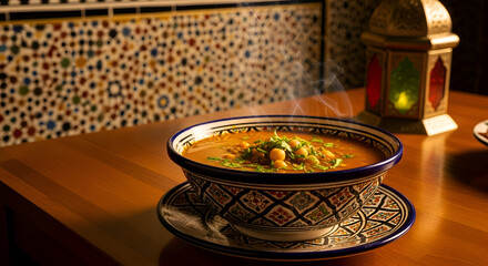 A Delicious Bowl of Moroccan Harira Soup Served on a Wooden Table Setting