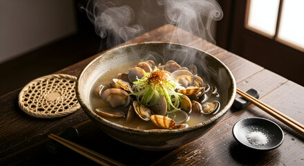 A delicious bowl of steaming clam soup with fresh ingredients and beautiful presentation