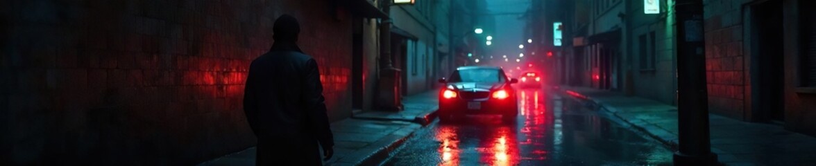 Shadowy Figure in Dark Alleyway, Limousine Escape, Mysterious Urban Surveillance Scene, Rain, Hidden Agenda