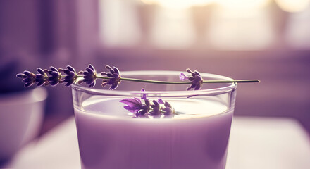 A close-up shot of a glass of lavender-infused drink with flowers, serene vibes