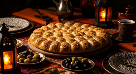 A close-up shot of a Middle Eastern-style bread and refreshments set on the table
