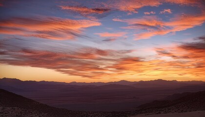 Fototapeta premium Orange Evening Sky with Cirrus Clouds and Mountain Silhouette 