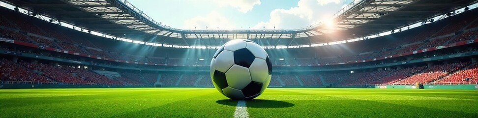 Giant Soccer Ball Center Stage A Sun-Drenched Stadium Awaits Kickoff.  Perfectly manicured field, immense structure, anticipation of the big game.  Dramatic perspective, bright sunlight.