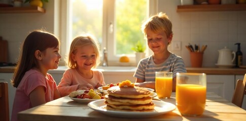 Happy Family Enjoying a Sunny Breakfast Together in Their Kitchen, Pancakes, Fruit, and Juice on the Table