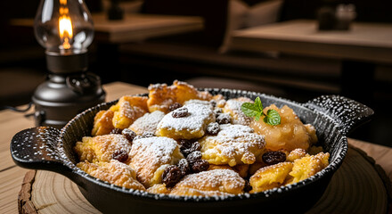 A Delicious Close-Up of Austrian Kaiserschmarrn Dessert Served with Applesauce