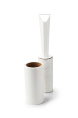 Lint roller with used sticky tape and new adhesive roll isolated on white
