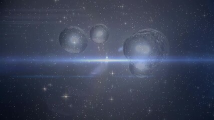 Bright core pulsing triggers translucent spheres streaming trails while drifting into starfield - Powered by Adobe