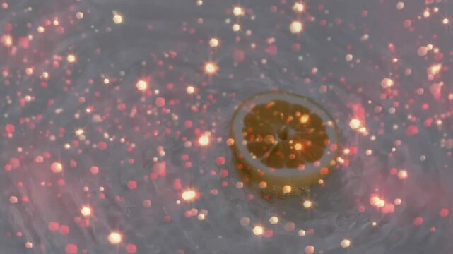 Rippling around citrus half floating on water, glowing sparks drifting and swirling for shimmer
