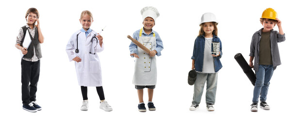 Obraz premium Choice of profession. Cute children in different clothes representing various occupations. Collage of portraits on white background