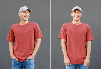 Young handsome man in t-shirt and cap against grey background, collage